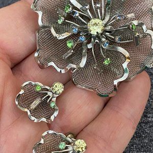 Vintage Bond Boyd sterling Silver blue Brooch and rhinestone earrings, Flowers